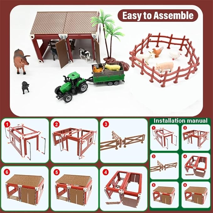 BOLZRA Mini Barn Playset, 66PCS Plastic Animals Figurines and Fence, Farm Figures Farmer Vehicle Toy Truck with Trailer for 3-12 Years Old Kids Boys Girls Toddlers-PawvioPets