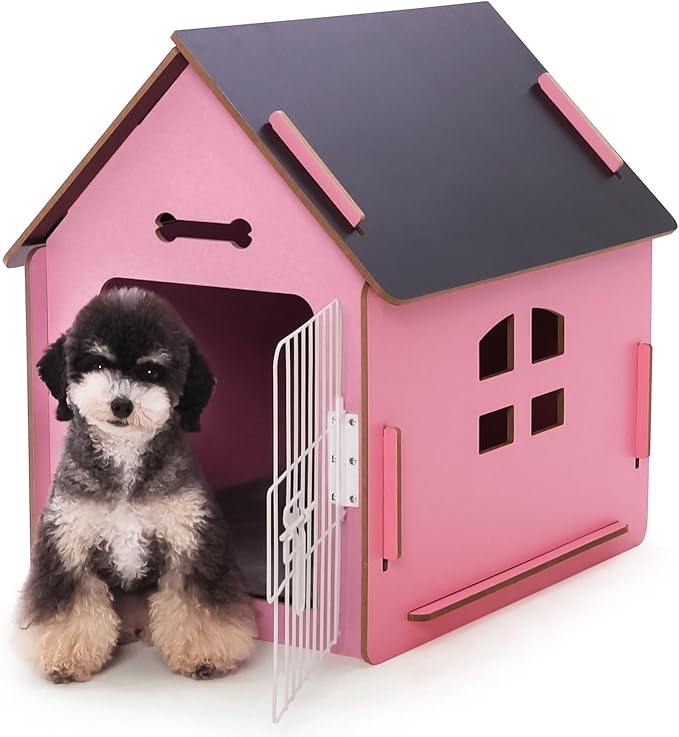 Dog House Indoor for Small Dogs or Cats, Cozy Wooden Design, Small Indoor Bed House, with Air Vents and Elevated Floor Warm Dog Cave (Large Pink)-PawvioPets