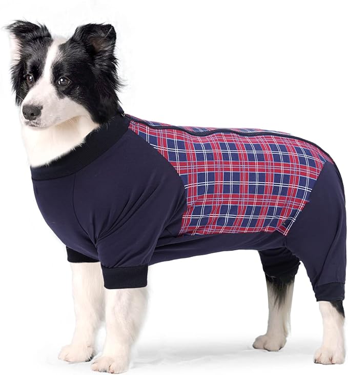 Dog Recovery Suit, Abdominal Wound After Surgery Wear, Anti Licking Bodysuit with Zipper, E-Collar & Cone Alternatives, Plaid Dog Spay Surgical Onesie Prevent Shedding(Medium, Red)-PawvioPets