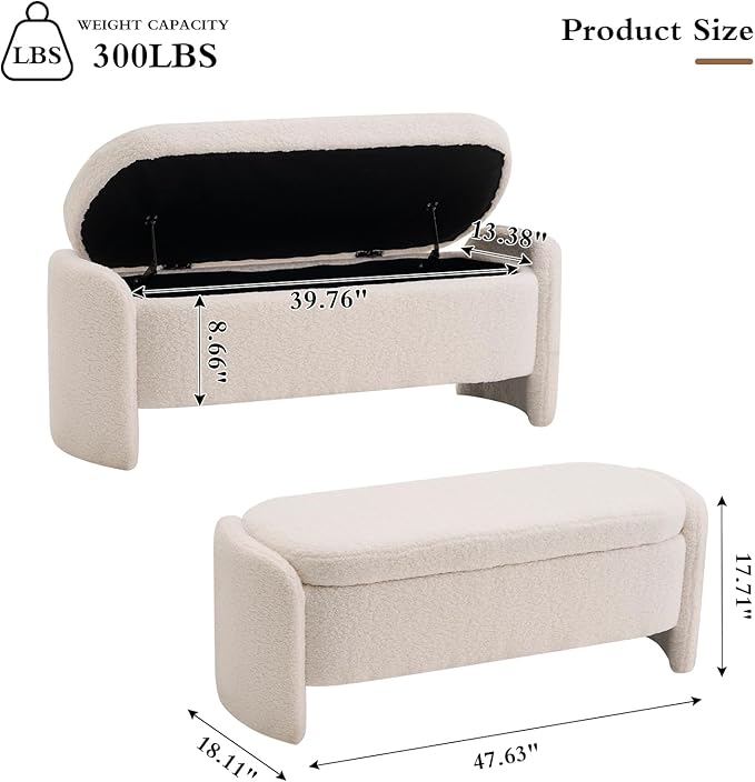 47.6 Inch Lamb Fleece Oval Storage Bench Upholstered Ottoman Bench with Storage, Bedroom Bench with Large Storage Space, for Bedroom Living Room Entryway, Beige-PawvioPets