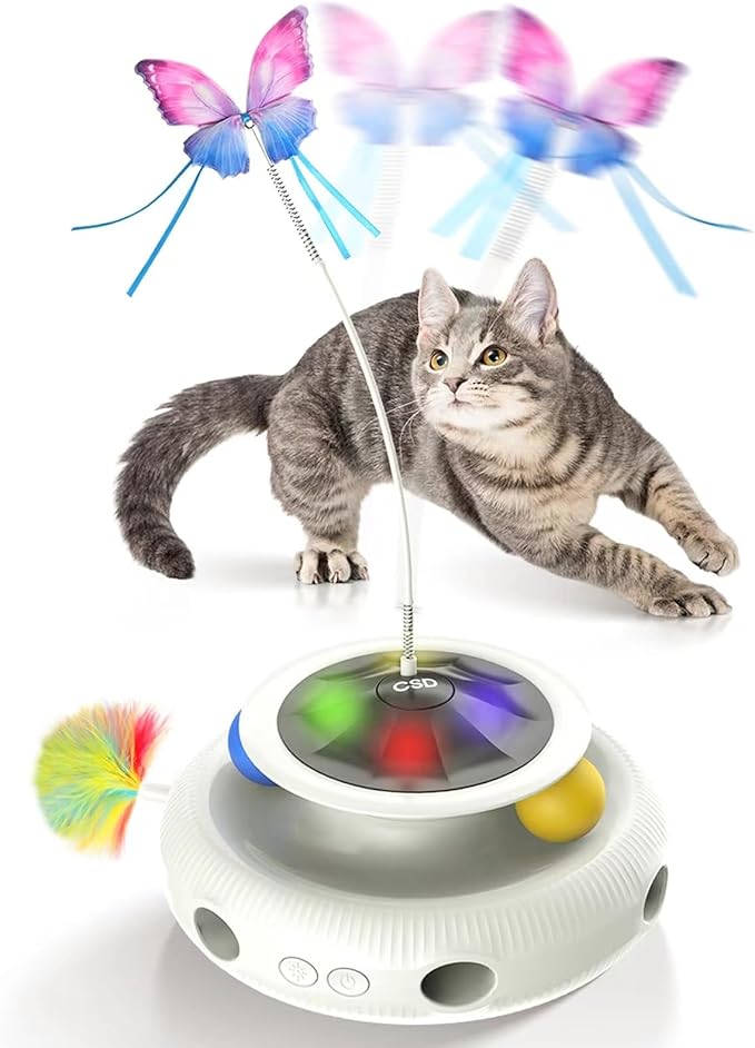Automatic Interactive Cat Toys for Indoor Cats & Bored Adults - Kitten Toys with Fluttering Butterfly, Ambush Feather & Track Balls - Exercise & Stimulation for Playful Cats (Beige)-PawvioPets