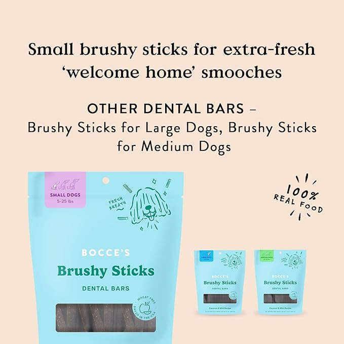 Bocce’s Bakery Dailies Brushy Sticks to Support Oral Health & Fresh Breath, Wheat-Free Dental Bars for Dogs, Made with Real Ingredients, Baked in the USA, All-Natural Coconut & Mint Recipe, Small Dogs-PawvioPets