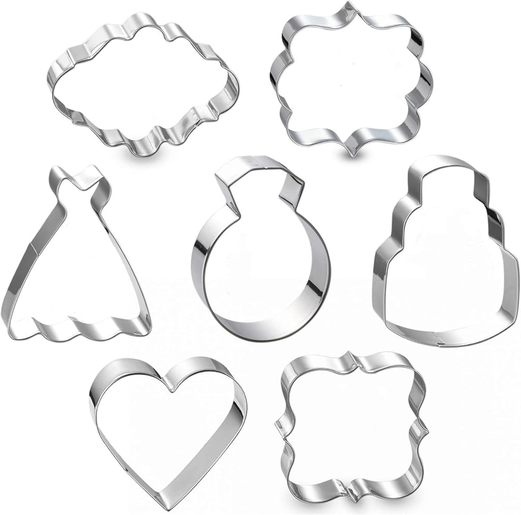 Wedding Cookie Cutter Set-7 Piece-3 Inches-Heart, Diamond Ring, Wedding Cake,Wedding Dress, Rectangle, Square and Oval Plaque Cookie Cutters Molds for Bridal Shower Engagement