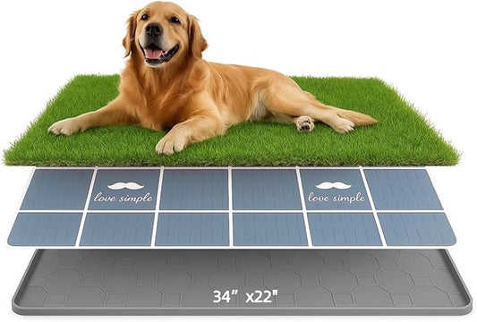Dog Grass Pad with Tray, 34"x22" Silicone Base Washable Reusable Pee Pad & Grass Pad - Non-Slip, Easy-Clean Indoor Outdoor Dog Potty Toilet (34" x 22")-PawvioPets