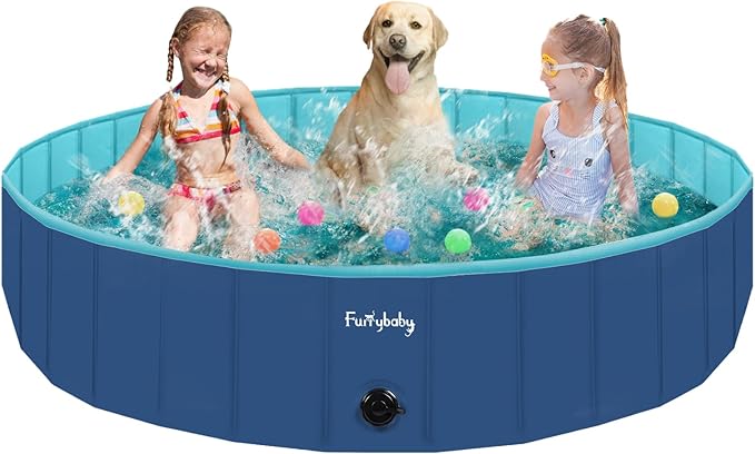 Furrybaby Dog Pool, Kiddie Pool Hard Plastic Foldable Dog Pools for Large Dogs Portable Pet Doggie Wading Swimming (Navy 63'') Indoor and Outdoor-PawvioPets