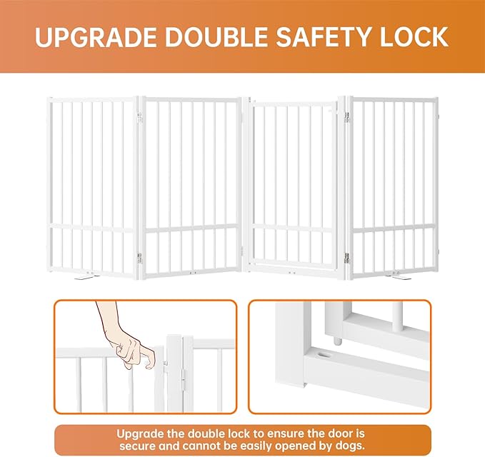 Full Metal Freestanding Dog Gate with Door, 32''Height Foldable Pet Dog Fence for Indoor & Outdoor, 4 Panels Extra Wide Free Standing TallDog Gates for Doorways,House,Stairs,Porch,Deck,Yard-PawvioPets