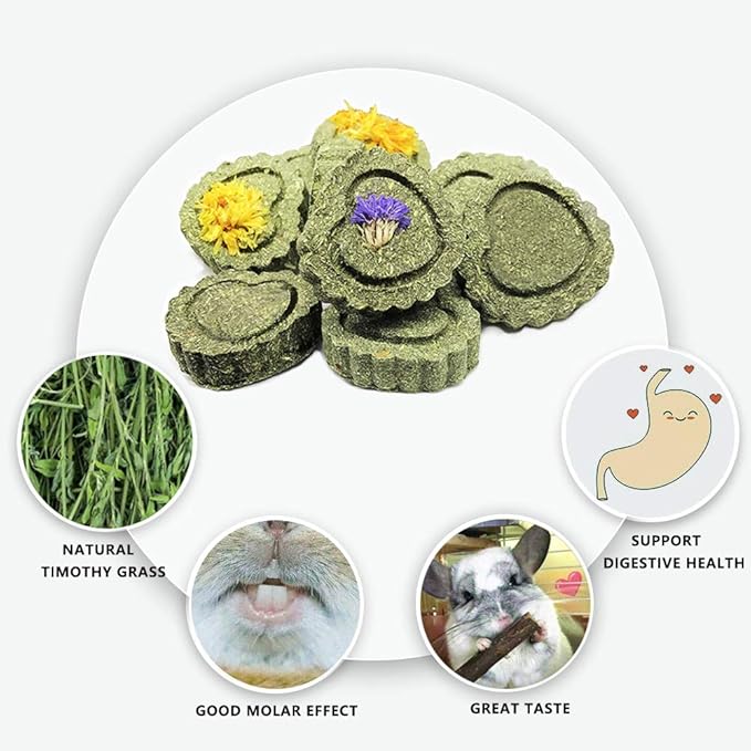 Bunny Chew Toys for Teeth, Natural Pet Chew Toy Hand Made Timothy Hay Cakes for Chinchilla Guinea Pig Hamsters Holland Lop Prairie Dogs Squirrels Gerbils Rabbit Chewing & Molar Teeth, 9.5oz-PawvioPets