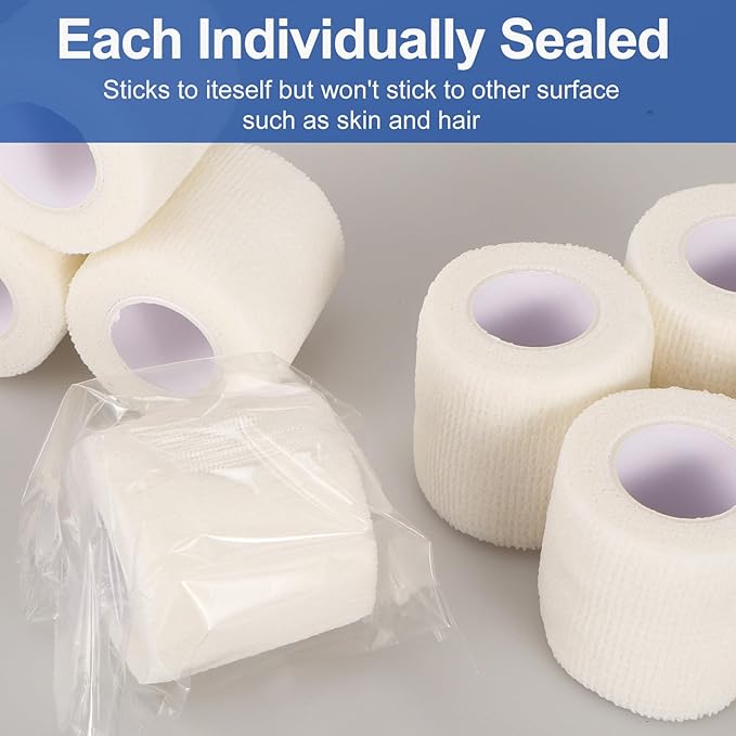 24 Pack White Self Adhesive Bandage, 2” x 5 Yards Medical Wrap, Cohesive Bandage Wrap, White Tape Baseball, Self Stick Bandage Tpae, First Aid Gauze for Ankle, Leg, Arm-PawvioPets