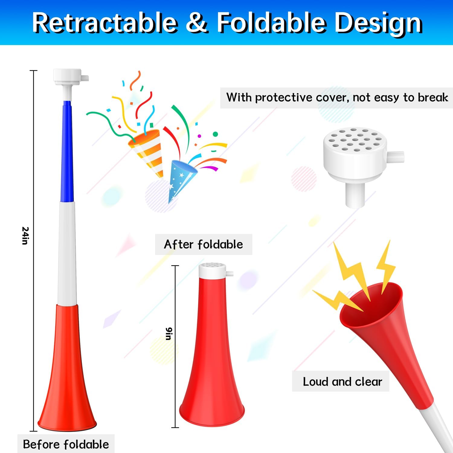 Collapsible Stadium Horn Noise Maker 24 Inch Vuvuzela Stadium Blower Plastic Trumpet Blow Horns Noisemakers for Sporting Events Graduation Games School Sports Party Supplies Favors Accessories