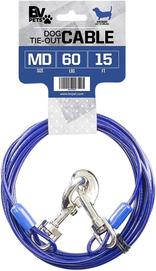 BV Dog Tie Out Cable 15 Feet - Heavy Duty Dog Lead Up to 60 Pounds - Reflective & Rust-Free with Quick Release Swivel Clips & 360° Rotating Clasp - Tangle-Free Dogs Runner for Yard (Blue, Single)-PawvioPets