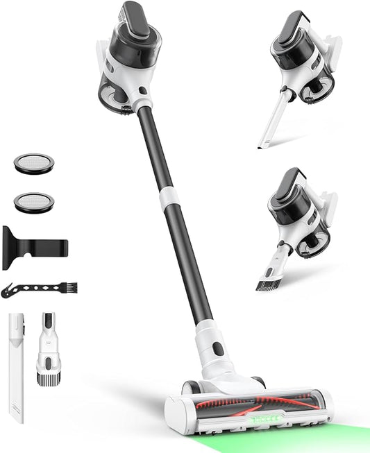 Cordless Stick Vacuum Cleaner for Home, Lightweight Rechargeable Vacuum with 55min Runtime, Powerful Suction, Green LED Headlight, 9-in-1 Pet Hair Carpet & Hardwood Floor Cleaner-PawvioPets