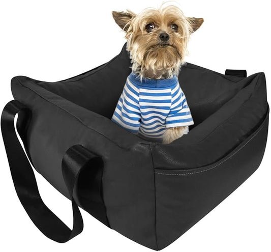 Dog Car Seat for Small Dogs, Large Leather Dog Car Bed with Storage Pocket, Waterproof PVC Leather Booster Seat Travel Bed for Front & Back Seat, Clip-On Safety Leash (Black)-PawvioPets