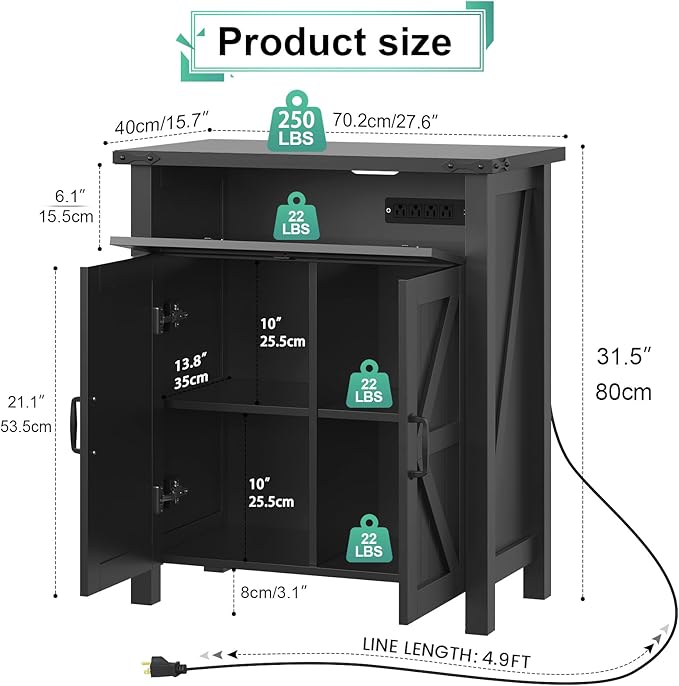 20 Gallon Aquarium Stand With Charging Station, Farmhouse Fish Tank Stand, Reptile Tank Stand Terrarium Stand with Drawer and Cabinet Storage, Sturdy Heavy Duty 27.6"×15.7" Tabletop - Black-PawvioPets