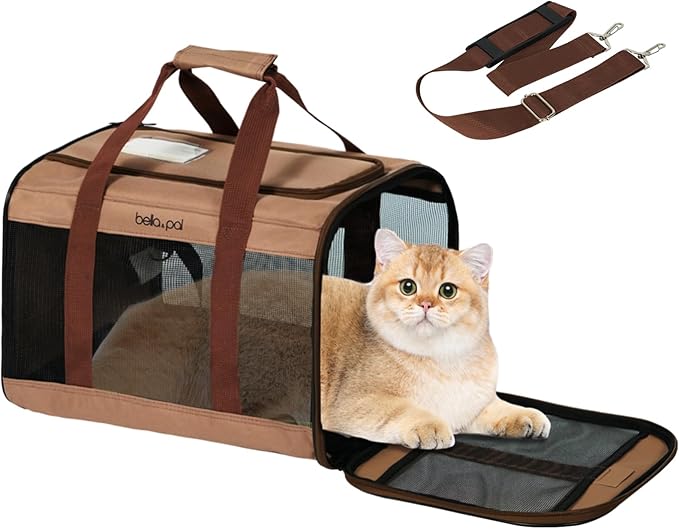 BELLA & PAL Cat Carrier Travel Bag, Airline Approved Lightweight Cat Carrier, Soft Sided Pet Carrier for Puppy Dogs Up to 18lbs, Collapsible Kitten Bag with Removable Waterproof Mat, Ventilated Mesh-PawvioPets