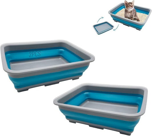 Fhiny 2PCS Open Cat Litter Box, Kitten Potty Pan Semi-Enclosed Foldable Waterproof Travel Toilet Low Entrance for Indoor Cats Small Pet Kitty Rabbit Supplies Easy to Clean and Assemble-PawvioPets