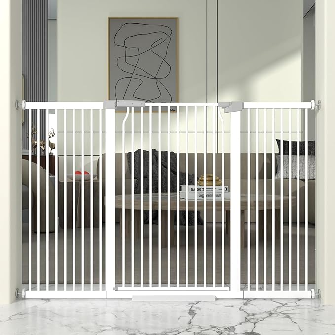 41" Extra Tall Cat Gate for Doorway, 60.3-62.9'' Metal Pet Baby Safe Gate, Extra Wide Pressure Mounted Child Door with Expansion Kit, No Drilling Baby Gate Indoor, No Climb Proof Gate, White-PawvioPets