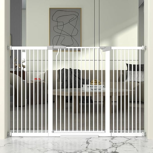 41" Extra Tall Cat Gate for Doorway, 60.3-62.9'' Metal Pet Baby Safe Gate, Extra Wide Pressure Mounted Child Door with Expansion Kit, No Drilling Baby Gate Indoor, No Climb Proof Gate, White-PawvioPets