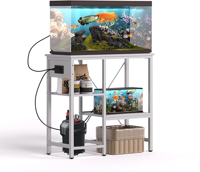 20-29 Gallon Fish Tank Stand with Power Outlet & LED Light, Metal Aquarium Stand with 3 Tier Adjustable Storage Shelves, Tank Stand for Reptile Tank, Turtle Tank, 30.7" L*13.8" W, White-PawvioPets