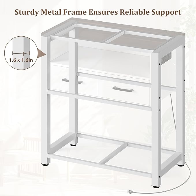 20-29 Gallon Aquarium Stand with Stable Metal Frame & Power Outlet, Heavy-Duty Fish Tank Stand with Waterproof Mat, 550LBS Capacity Storage Cabinet, White+Brown-PawvioPets