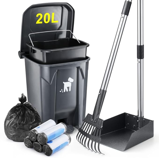 Dog Pooper Scooper, Dog Poop Trash Can Set with Removable Inner Bucket, Long Handle Rake, 150 Waste Bags, Easy Pick Up Poop Scooper, 20L Dog Poop Trash Bin for Small/Large Dog Families-PawvioPets