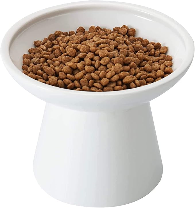 Extra Wide Elevated Ceramic Cat Bowl - 6.2" Shallow Dish for Whisker Fatigue Relief, 5" Height for Easy Feeding, Lead & Cadmium Free, Durable Raised Cat Food Bowls, White-PawvioPets