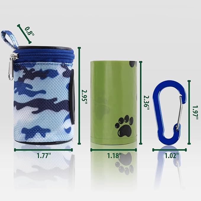 Dog Poop Bag Holder for Leash Doggie Waste Bag Dispenser Puppy Potty Carrier Small Doggy Zipper Pouch with Carabiner Clip 1680D Nylon Oxford with 1 Roll of Pet Trash Bags, Sky Blue Camo-PawvioPets