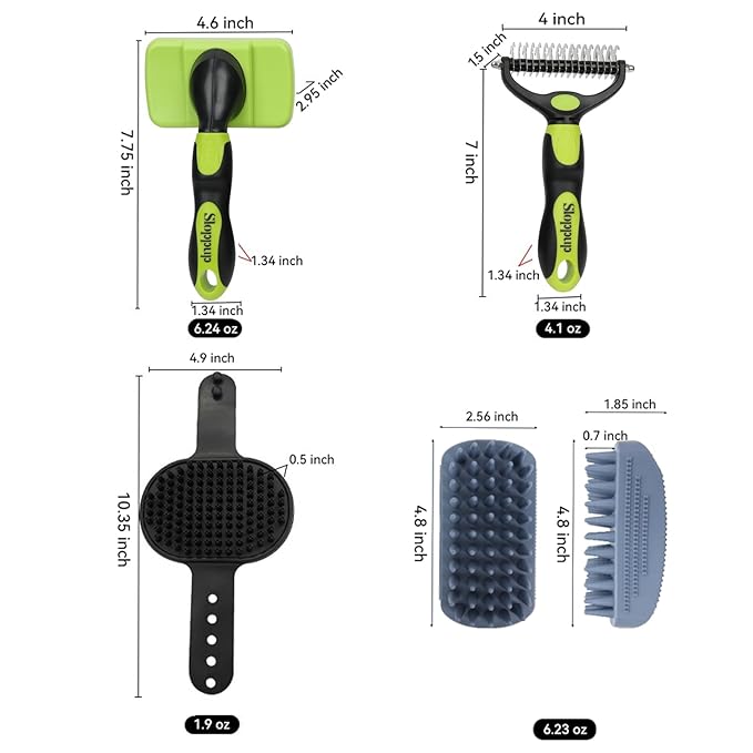 Dog Brush Kit for Grooming Short & Long Haired Dogs & Cats, 4-in-1 Pet Grooming Set with Self-Cleaning Slicker Brush, Deshedding Tool, Shampoo Bath Comb, Massge Comb (Green Black)-PawvioPets