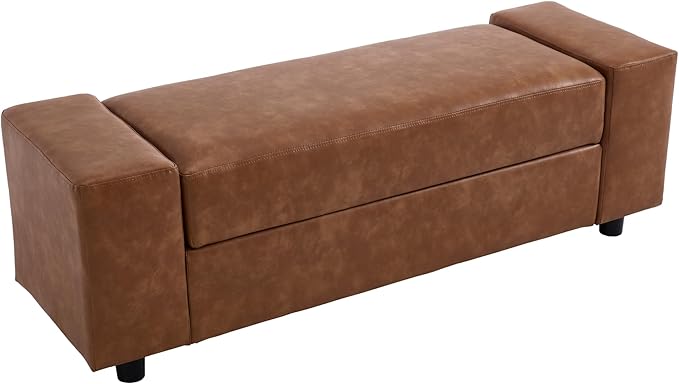 55" End of Bed Storage Bench Ottoman for Bedroom, Faux Leather Upholstered Entryway Bench Long Window Seating for Corner/Living Room/Recption Room/Office/Shop, Brown-PawvioPets