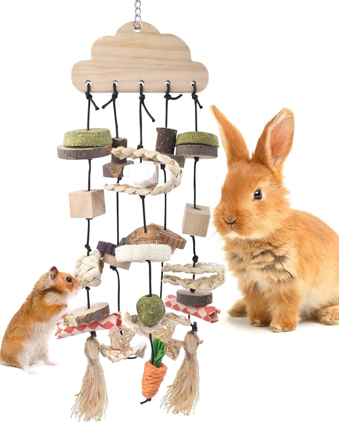 Bissap Rabbit Chew Toy, Bunny Cage Hanging Chew Toys and Treats Wooden with Snacks for Guinea Pigs Chinchillas Hamsters Rats and Other Small Pets Teeth Grinding-PawvioPets
