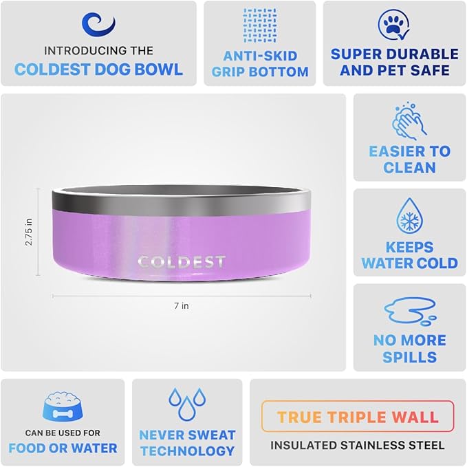 Coldest Dog Bowl - Anti Rust Metal, Non Slip, 3 Layers Insulated Stainless Steel Dog Bowls - Spill Proof & Heavy Duty - Water Bowl for Dogs, Cats, Dish Washer Safe (42 oz, Saturns Purple Glitter)-PawvioPets