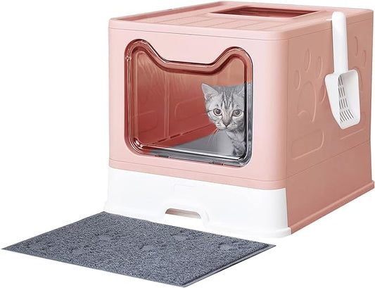 Cat Litter Box with Litter Mat and Scoop, Large Foldable Litter Box with Lid, Front Entry Top Exit Kitty Box, Odor Control, Easy to Clean (Pink)-PawvioPets