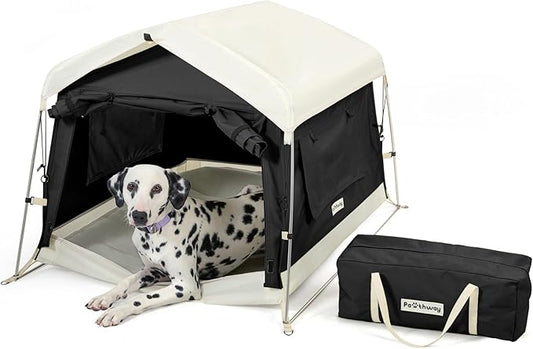Dog Tent Cotton Fabric, Aluminum Poles and Camping Mat, Outdoor Weatherproof, Dog House Outdoor, Breathable with 2 Side Windows, Portable and Collapsible (Black, Large)-PawvioPets