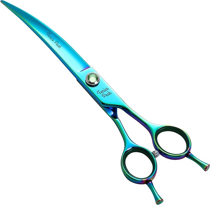 Fenice Peak 7.5'' Green Curved Dog Grooming Scissors Pet Shears with Ergonomic Offest Handle and Simulated Emerald Screw 440C Grooming Scissors Trimming Shears Durable and Sharp-PawvioPets