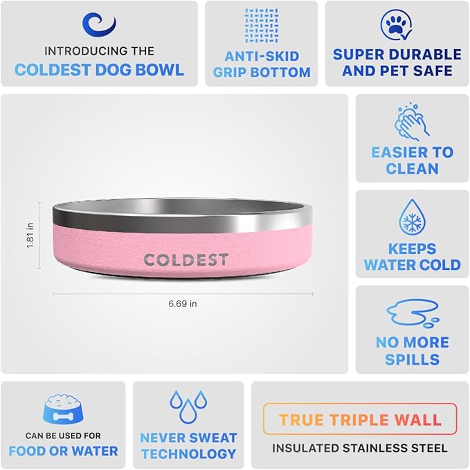 Coldest Dog Bowl - Anti Rust Metal, Non Slip, 3 Layers Insulated Stainless Steel Dog Bowls - Spill Proof & Heavy Duty - Water Bowl for Dogs, Cats & Pets, Dish Washer Safe (21 oz,Cotton Candy Pink)-PawvioPets