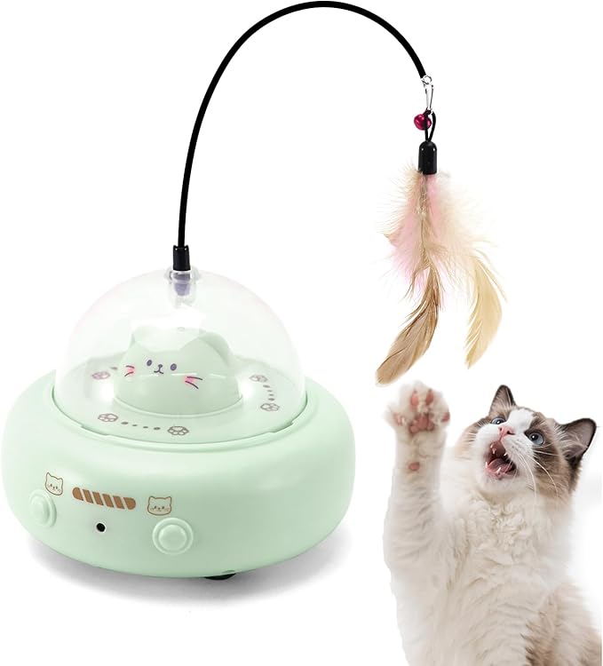 Automatic Cat Toys with Feathers, Interactive Cat Toy for Indoor Exercise, Rechargeable Teasing Toys for Indoor Cats, USB Powered, Smart Standby&Obstacle Avoidance(Green)-PawvioPets
