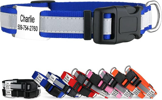 GoTags Reflective Personalized Dog Collar with Nameplate, Adjustable Dog Collar with Custom Engraved Steel Slide On Pet ID Tag, Silent, No Noise Dog Tag for Large Medium or Small (Blue, Medium)-PawvioPets