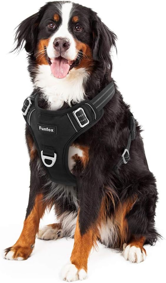 Funfox Dog Harness No Pull, Adjustable Dog Vest Harness Super Soft, 2 Leash Clips Anti Pull, Vertical Handle Easy to Control, Reflective Night Walking for XLarge Breed, Black, XL-PawvioPets