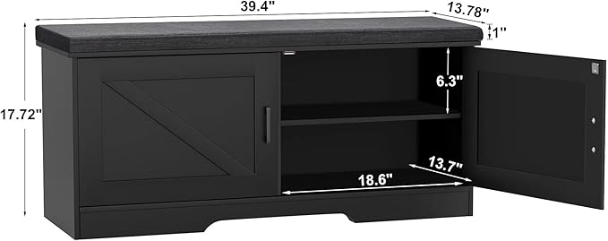 2-Tier Storage Bench, Shoe Bench with Padded Seat Cushion, Entryway Bench with 2 Barn Doors, Adjustable Shelf, 13.8" D x 39.4" W x 17.7" H, for Entryway, Living Room, Bedroom, Black-PawvioPets