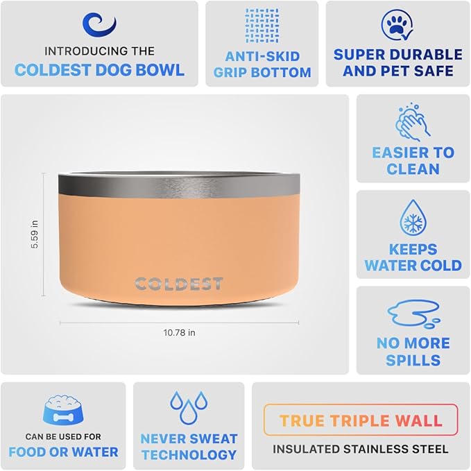 Coldest Dog Bowl - Anti Rust Metal, Non Slip, 3 Layers Insulated Stainless Steel Dog Bowls - Spill Proof & Heavy Duty - Water Bowl for Dogs, Cats & Pets, Dish Washer Safe (200 oz, Sahara Peach)-PawvioPets
