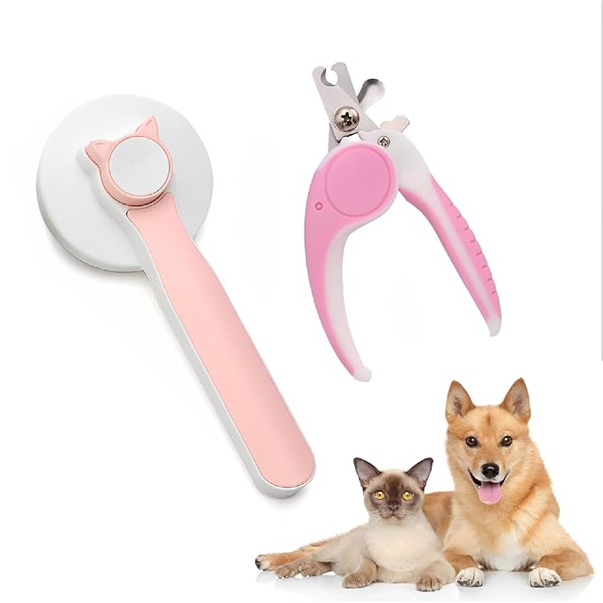 2PCS Pet Grooming Kit, Cat Brushes & Cat Nail Clipper, Cat Grooming Brush for Sedding and Grooming Fur (Pink）-PawvioPets