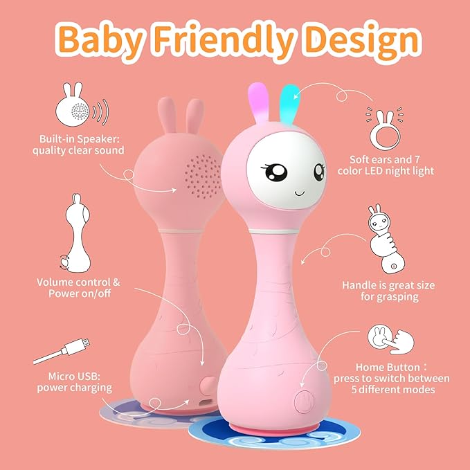 alilo Smarty Bunny Baby Rattle Musical Light Up Toys, Infants Newborns Baby Toys 0-3-6-12-18-24 Months,1 Year Old Boy Girl Gifts, 4 Music Modes and Color Recognition Function with 9 Color Card-PawvioPets