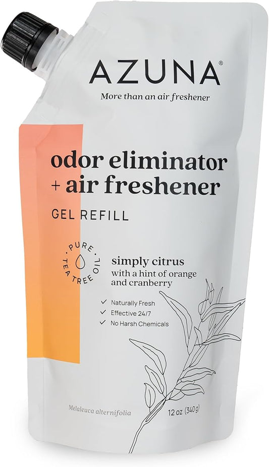 Azuna All-Natural Odor Remover Gel Refill Pouch | Air Purifier with Tea Tree Oil | Plant-Based & Long Lasting | For Pet Odors, Smoke & Strong Odors | Simply Citrus, 12 oz.-PawvioPets