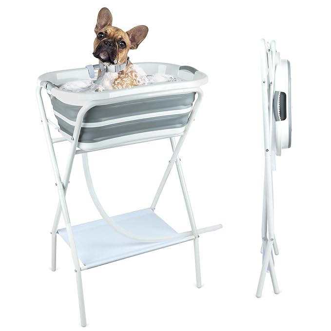 BWOGUE 2 in 1 Portable Dog Bath Tub Elevated Collapsible Dog Bathtub Washing Station with Drainage Hole for Bathing, Shower and Grooming, Pet Tub for Puppy Small Medium Dogs Indoor and Outdoor-PawvioPets