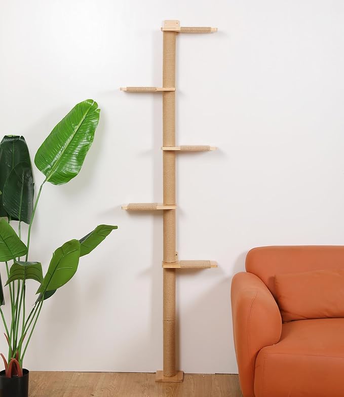 5 Tier Floor to Ceiling Cat Tree Tower with Wall-Mounted Scratching Post, Playful Wall Climbing Shelves for Cats, Ideal for Kittens to Climb, Scratch, and Lookout, Wild Simulation Design-PawvioPets