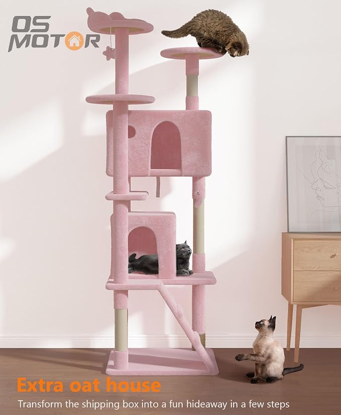 77'' Cat Tree Tower for Indoor Cats Large Adult, Cute/Tall Modern Cat Tree for Big Cats 20 lbs, Plush Multi-Level Cat Condo with Scratching Posts,Dangling Ball (Soft Pink, 77 inch)-PawvioPets