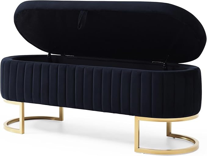 50" Sherpa Storage Ottoman Bench – Velvet Upholstered Bedroom Bench with Golden Metal Legs, Lift-Top Hidden Storage, Modern Footrest for Living Room, Entryway, Bed End (Black)-PawvioPets