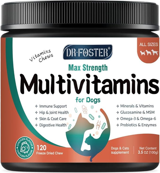 Dog Multivitamin with Glucosamine, Omega 3, Minerals, Probiotics and Enzymes, Dog Vitamins and Supplements for Joint, Skin & Coat Care, Digestive and Immune Health, Chicken Flavor - 120 Chews-PawvioPets