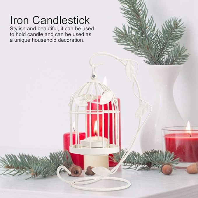 Birdcage Candle Holder, Hanging Candle Holder Decorative Bird Cages Bird Cage Decor Vintage Metal Candlestick for Wedding, Party(White)-PawvioPets