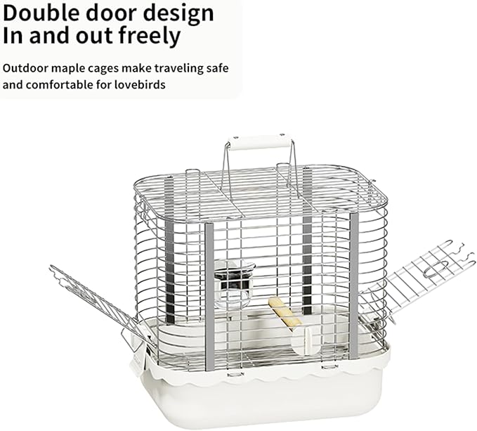 Bird Carrier Travel Cage, Durable Portable Stainless Steel Birdcage with Bird Perch & Feeding Bowl for Parrots Canaries Budgies Lovebirds Conures Cockatiels (Small White)-PawvioPets