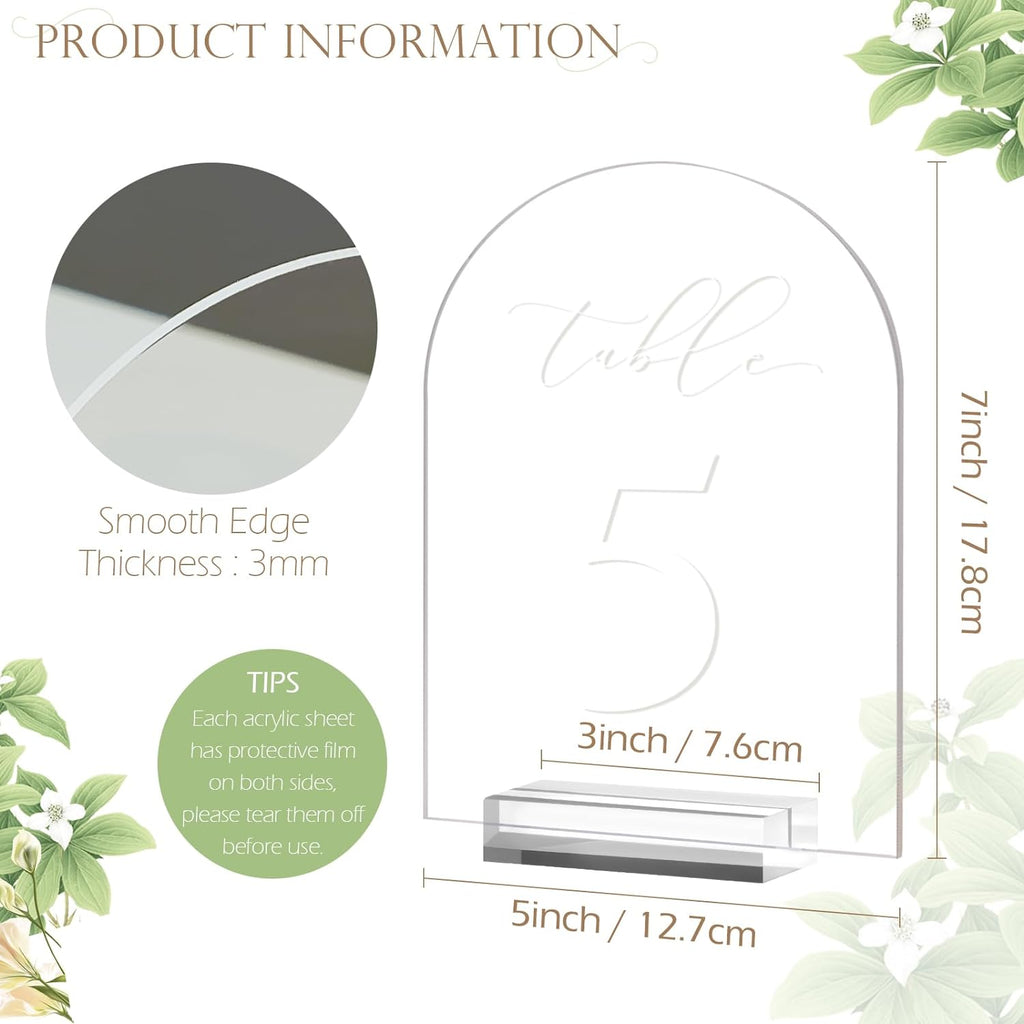 JINMURY Clear Arch Table Numbers for Wedding, 5x7 Inch Arched Acrylic Table Numbers 1-20 with Stands, Clear Acrylic Arch Sign with Holder for Centerpiece, Reception, Wedding, Party, Event